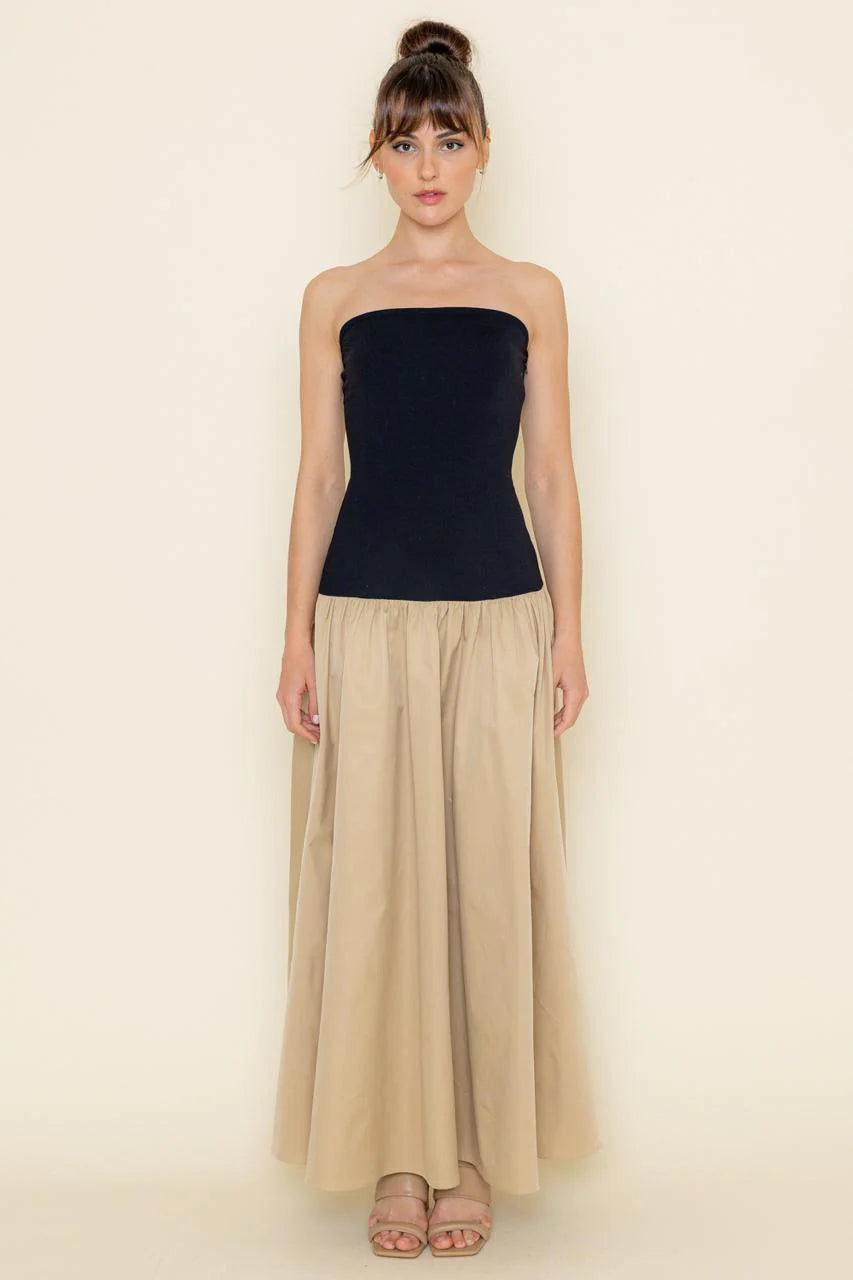 Vestido Color & Fabric Blocked Tube Black Beige