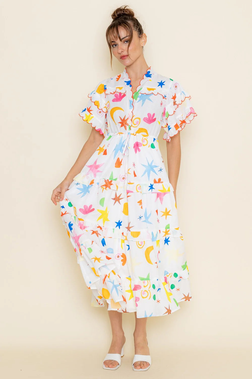 Vestido Print Ruffle Hem White Multi