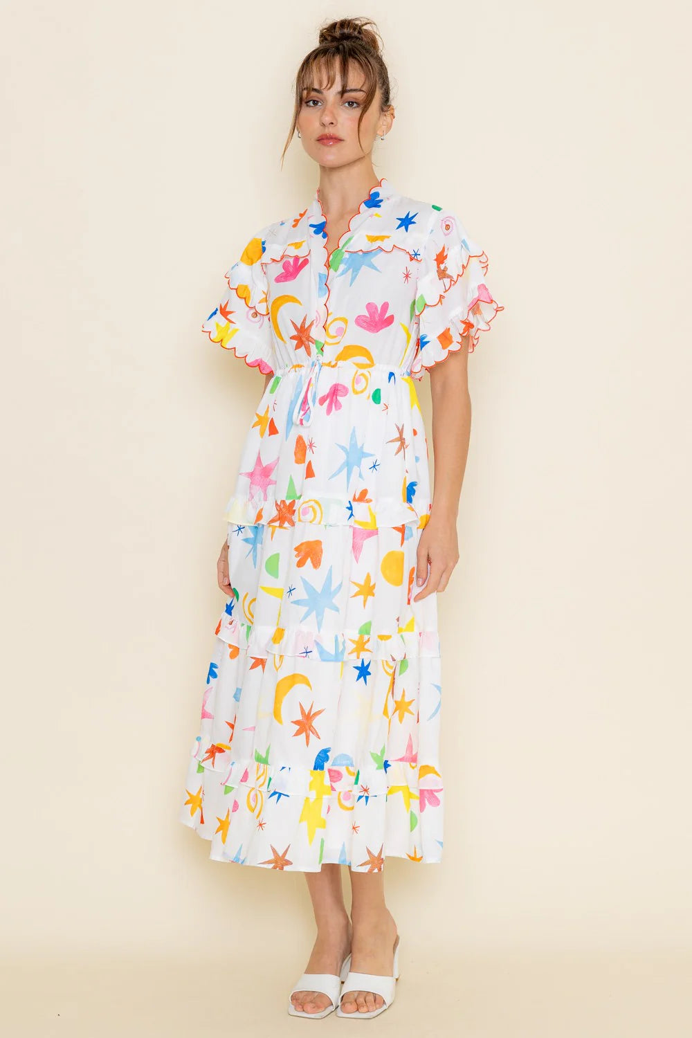 Vestido Print Ruffle Hem White Multi