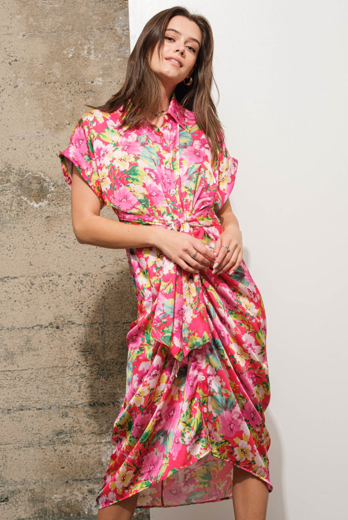 Vestido Floral Print Satin Coral
