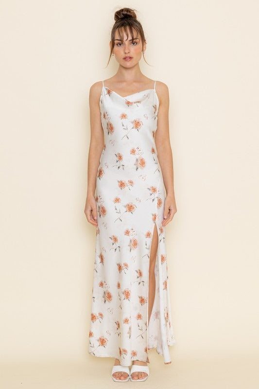 Vestido Cowl Neck With Slit Ivory Camel