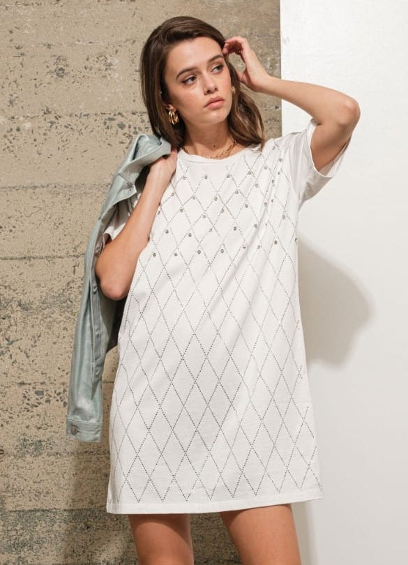 Vestido Short Sleeve Jewel Applique White