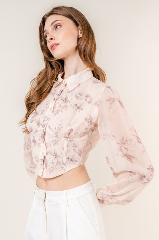 Top Floral Chiffon Cream Brown