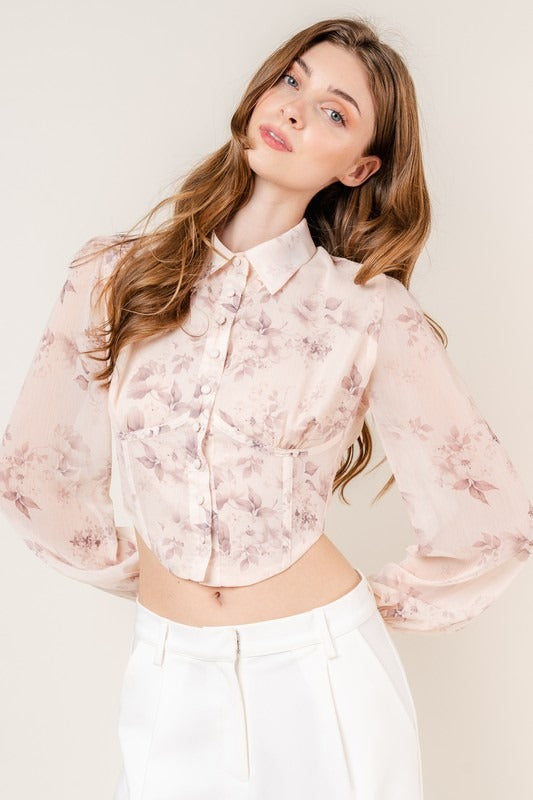 Top Floral Chiffon Cream Brown