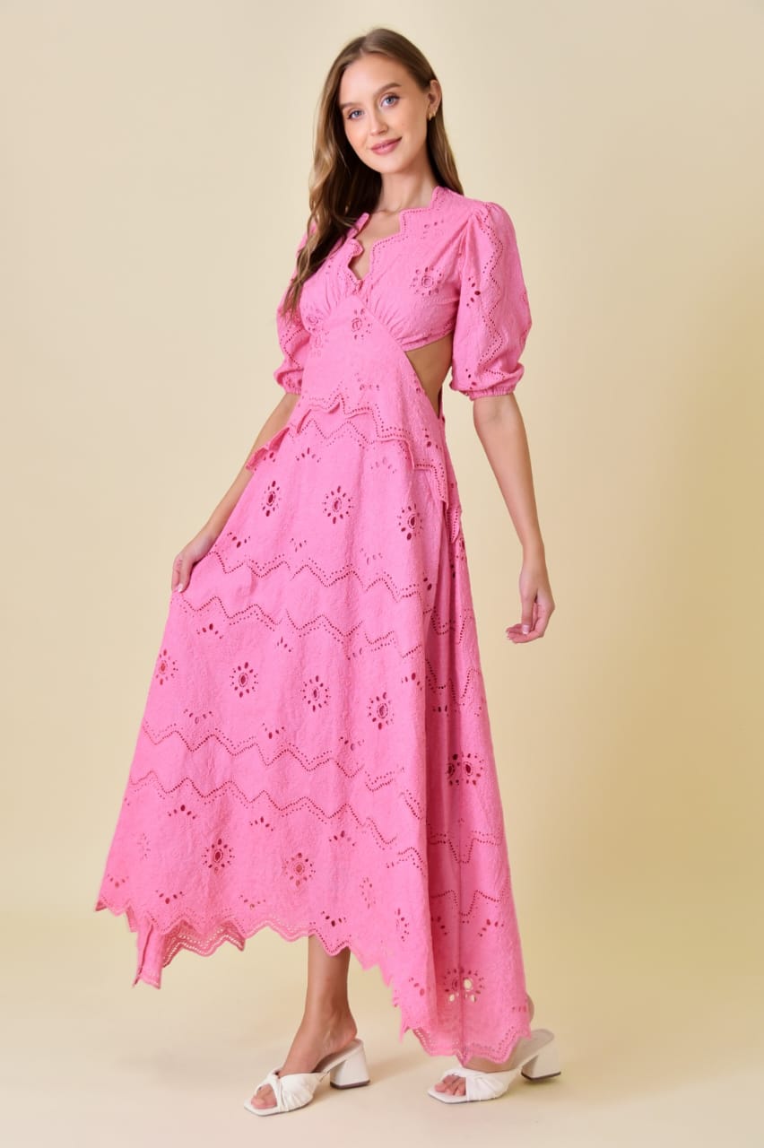 Vestido V-Neck Puff Sleeve Eyelet Pink