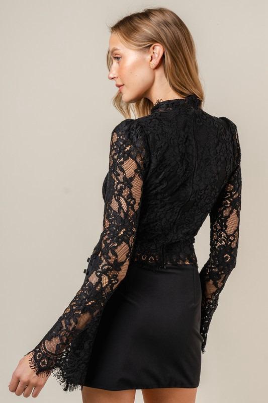 Top Lace Bevelled Buttons Slim Bell Long Black