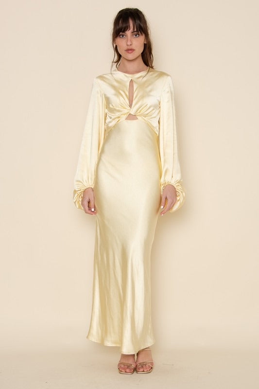 Knot Detail Baloon Sleeves Maxi Dress Yellow