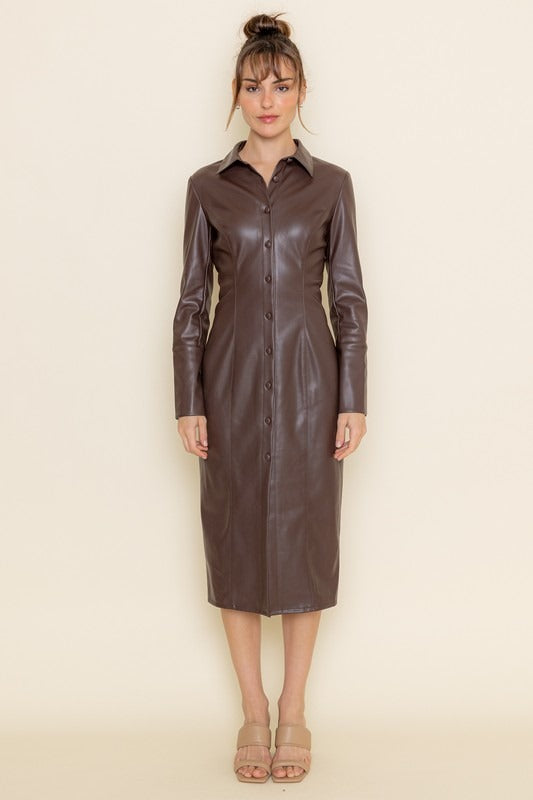 Vestido Leather Long Button Up Brown