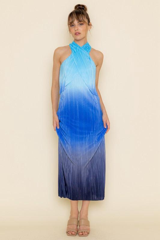Radiance Blue Pleated Fabric Maxi Dress Blue Multi