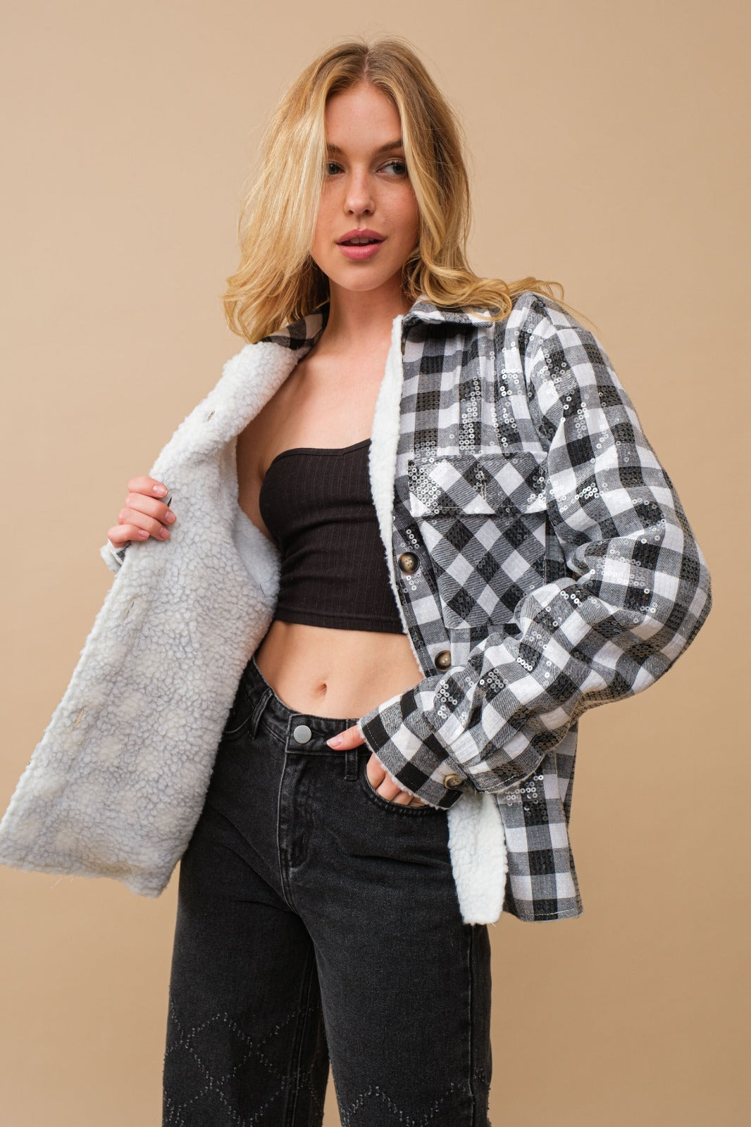Gingham Iridescent Sequin Pocket Front Sherpa Lined But Black