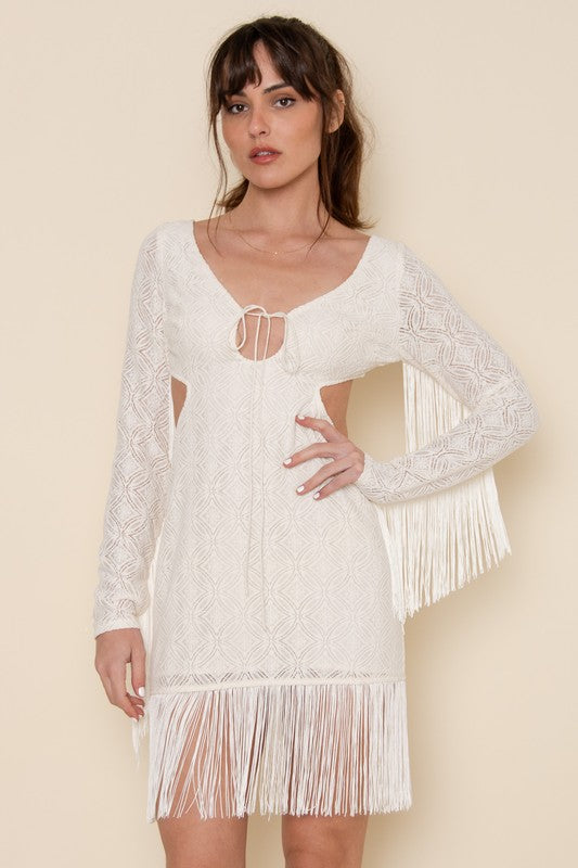 Vestido Deep Neck Long SLV Tassel White