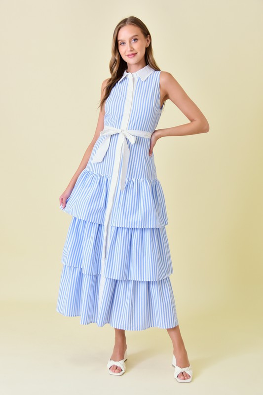 Vestido Non-Sleeves Collar and Layers Blue White