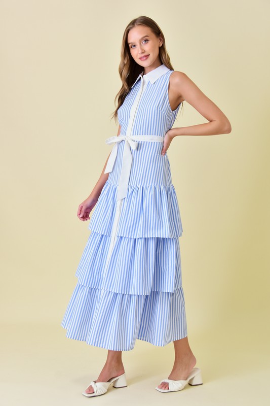 Vestido Non-Sleeves Collar and Layers Blue White