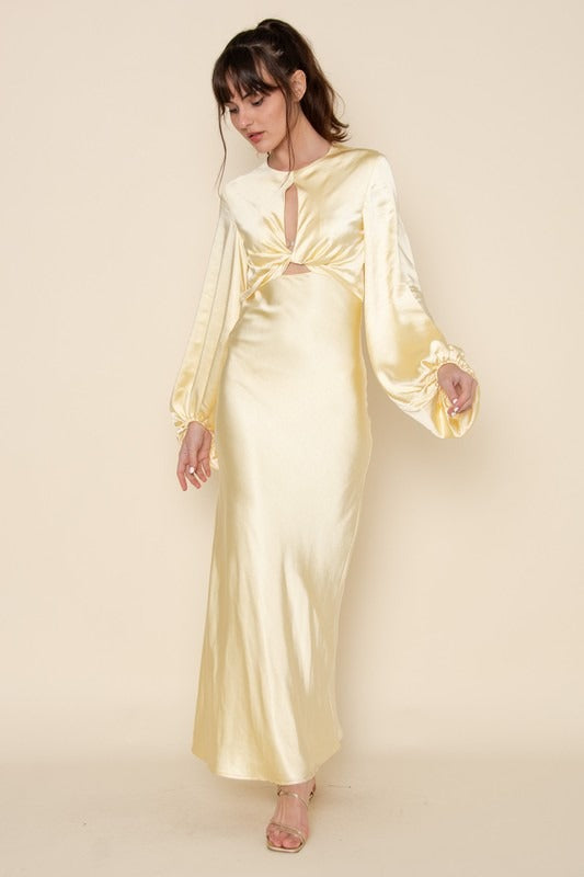 Knot Detail Baloon Sleeves Maxi Dress Yellow